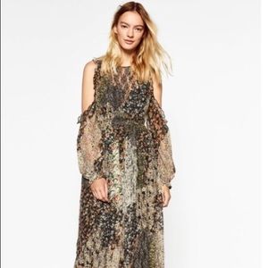 ZARA Floral Cold Shoulder Midi Lace Dress XS